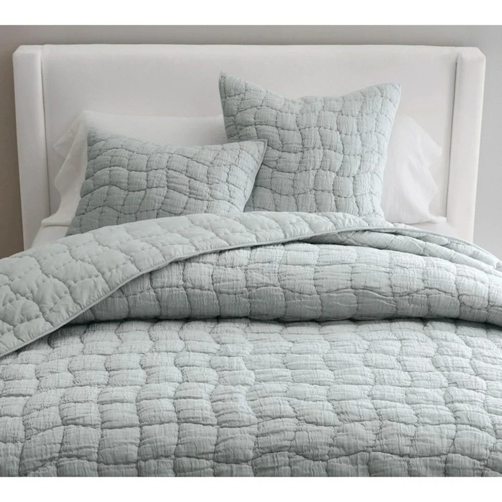 Pottery Barn EURO Pillow Sham Chambray Blue Cloud Quilted Stitched Linen Bedding